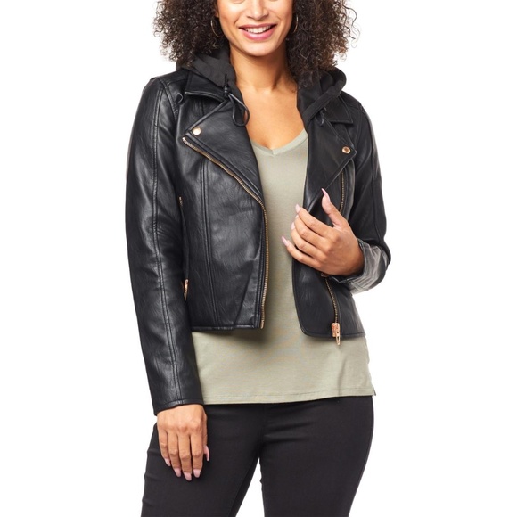 Blank NYC Black Faux Leather Hoodie Style Moto Jacket Sz XS - Picture 1 of 9